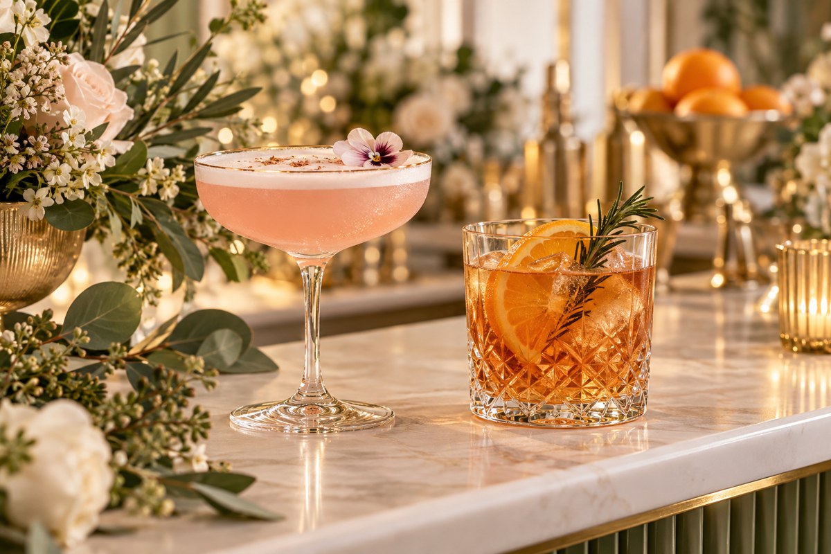 Two distinct signature cocktails with thoughtful garnishes