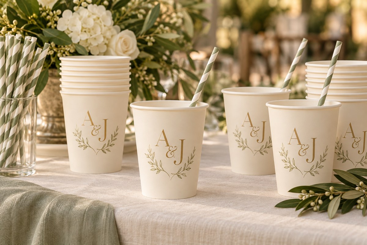 Personalized monogram cups and sage striped straws